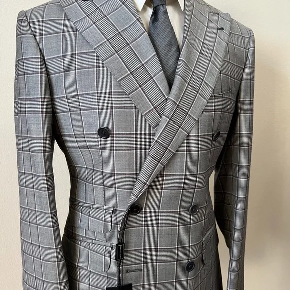 Grey windowpane super 150 Cerruti double breasted peak lapel wool suit